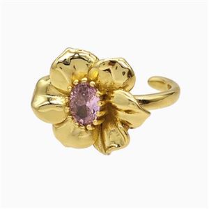 Copper Flower Rings Pave Crystal Glass Gold Plated, approx 16-20mm, 18mm dia