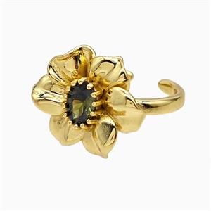 Copper Flower Rings Pave Crystal Glass Gold Plated, approx 16-20mm, 18mm dia