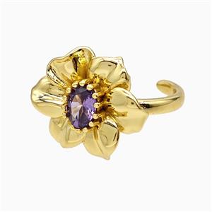 Copper Flower Rings Pave Crystal Glass Gold Plated, approx 16-20mm, 18mm dia