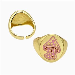 Copper Mushroom Rings Pink Enamel Gold Plated, approx 17mm, 18mm dia