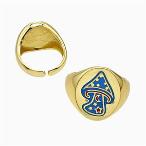 Copper Mushroom Rings Blue Enamel Gold Plated, approx 17mm, 18mm dia