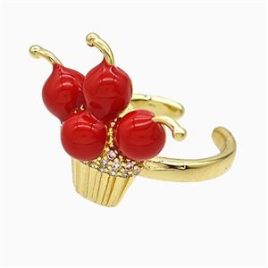Copper Cherry Rings Pave Zirconia Red Enamel Gold Plated, approx 18-20mm, 18mm dia