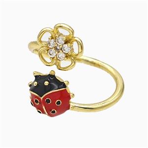 Copper Ladybug Rings Red Enamel Flower Gold Plated, approx 10mm, 18mm dia