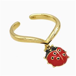 Copper Ladybug Rings Red Enamel Gold Plated, approx 10mm, 18mm dia