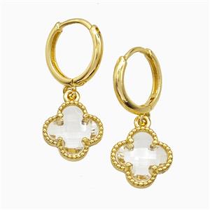 Copper Clover Hoop Earrings Pave Crystal Glass Gold Plated, approx 12mm, 14mm dia