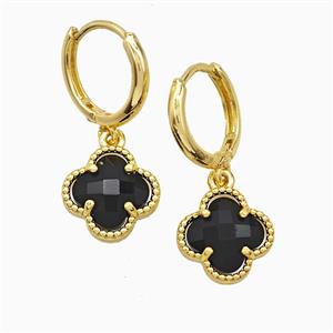 Copper Clover Hoop Earrings Pave Black Crystal Glass Gold Plated, approx 12mm, 14mm dia