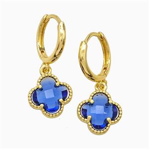 Copper Clover Hoop Earrings Pave Blue Crystal Glass Gold Plated, approx 12mm, 14mm dia