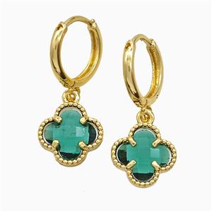 Copper Clover Hoop Earrings Pave Green Crystal Glass Gold Plated, approx 12mm, 14mm dia