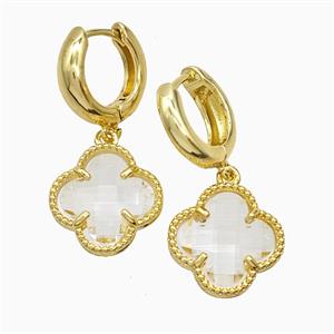 Copper Clover Hoop Earrings Pave Clear Crystal Glass Gold Plated, approx 16mm, 15mm dia