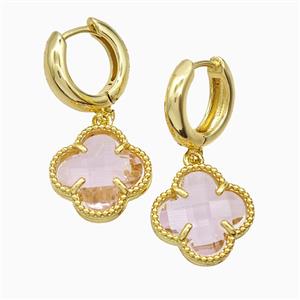 Copper Clover Hoop Earrings Pave Pink Crystal Glass Gold Plated, approx 16mm, 15mm dia