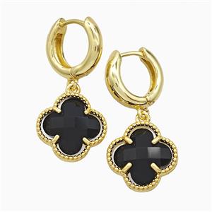 Copper Clover Hoop Earrings Pave Black Crystal Glass Gold Plated, approx 16mm, 15mm dia