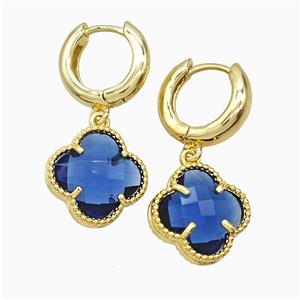 Copper Clover Hoop Earrings Pave Blue Crystal Glass Gold Plated, approx 16mm, 15mm dia