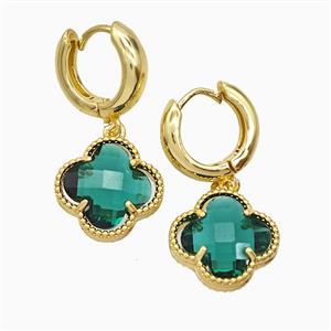 Copper Clover Hoop Earrings Pave Green Crystal Glass Gold Plated, approx 16mm, 15mm dia