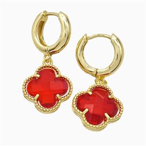Copper Clover Hoop Earrings Pave Red Crystal Glass Gold Plated, approx 16mm, 15mm dia