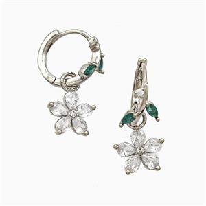 Copper Flower Hoop Earrings Pave Crystal Glass Platinum Plated, approx 10mm, 14mm dia