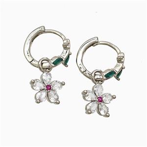 Copper Flower Hoop Earrings Pave Crystal Glass Platinum Plated, approx 10mm, 14mm dia