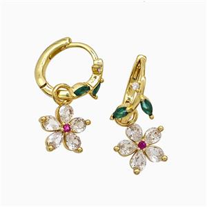 Copper Flower Hoop Earrings Pave Crystal Glass Gold Plated, approx 10mm, 14mm dia