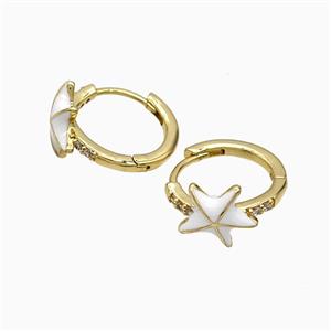 Copper Starfish Hoop Earrings White Enamel Gold Plated, approx 11mm, 16mm dia