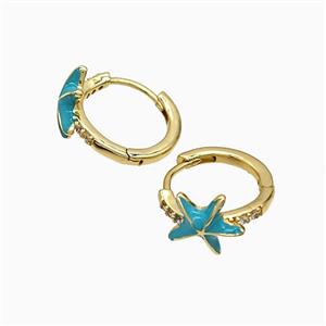 Copper Starfish Hoop Earrings Blue Enamel Gold Plated, approx 11mm, 16mm dia