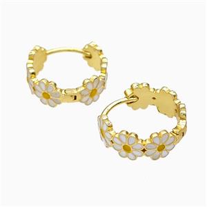 Copper Flower Hoop Earrings White Enamel Gold Plated, approx 6mm, 17mm dia