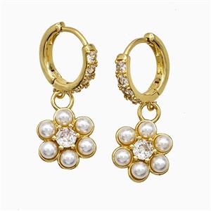 Copper Flower Hoop Earrings Pave Zirconia Pearlized Resin Gold Plated, approx 13mm, 14mm dia