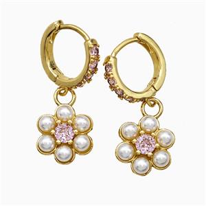 Copper Flower Hoop Earrings Pave Zirconia Pearlized Resin Gold Plated, approx 13mm, 14mm dia