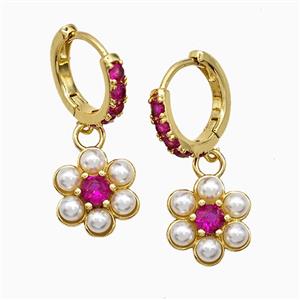 Copper Flower Hoop Earrings Pave Zirconia Pearlized Resin Gold Plated, approx 13mm, 14mm dia