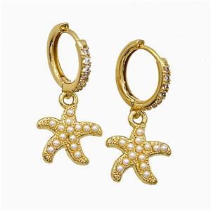 Copper Starfish Hoop Earrings Pave Zirconia Pearlized Resin Gold Plated, approx 13.5mm, 14mm dia