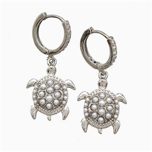 Copper Tortoise Hoop Earrings Pave Pearlized Resin Platinum Plated, approx 16-18mm, 14mm dia