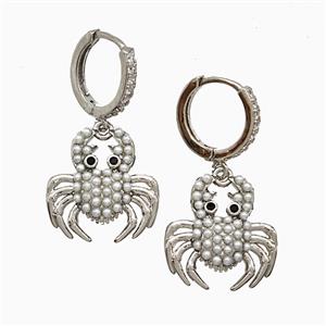 Copper Crab Hoop Earrings Pave Pearlized Resin Platinum Plated, approx 17mm, 14mm dia