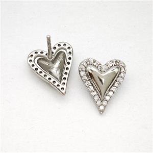 Copper Heart Stud Earrings Pave Zirconia Platinum Plated, approx 10-12mm