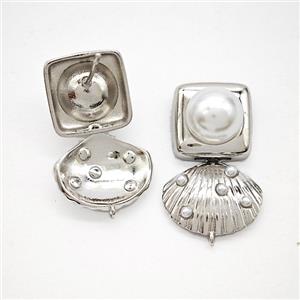 Copper Scallop Shell Stud Earrings Pave Pearlized Resin Platinum Plated, approx 14-17mm, 14mm