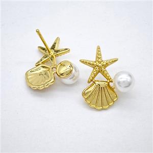 Copper Starfish Scallop Stud Earrings Pave Pearlized Resin Gold Plated, approx 7mm, 12-20mm