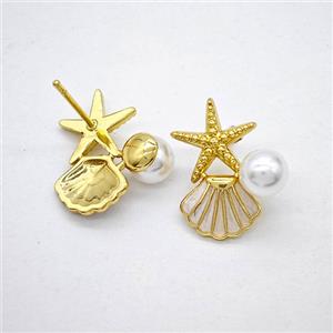 Copper Starfish Scallop Stud Earrings Pave Pearlized Resin Enamel Gold Plated, approx 7mm, 12-20mm