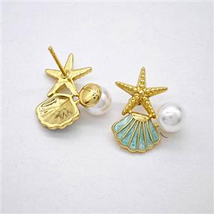 Copper Starfish Scallop Stud Earrings Pave Pearlized Resin Enamel Gold Plated, approx 7mm, 12-20mm