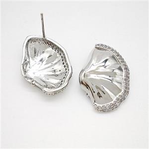 Copper Scallop Shell Stud Earrings Pave Zirconia Platinum Plated, approx 18-25mm