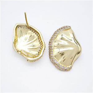 Copper Scallop Shell Stud Earrings Pave Zirconia Gold Plated, approx 18-25mm