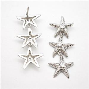 Copper Starfish Stud Earrings Pave Zirconia Platinum Plated, approx 16-43mm
