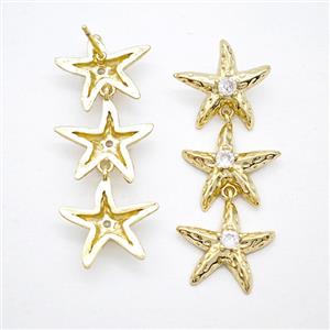 Copper Starfish Stud Earrings Pave Zirconia Gold Plated, approx 16-43mm