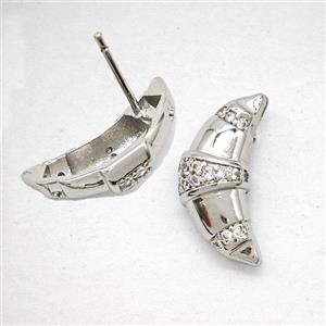 Copper Moon Stud Earrings Pave Zirconia Platinum Plated, approx 7-18mm