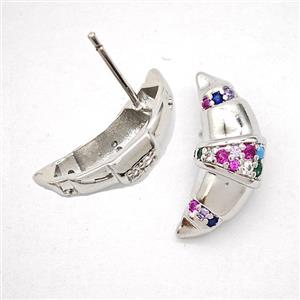 Copper Moon Stud Earrings Pave Multicolor Zirconia Platinum Plated, approx 7-18mm