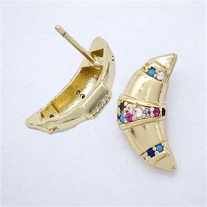 Copper Moon Stud Earrings Pave Multicolor Zirconia Gold Plated, approx 7-18mm