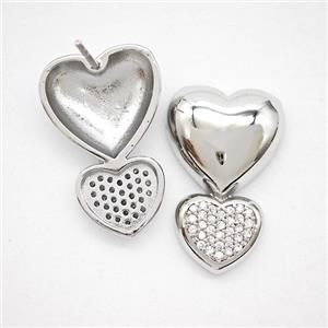 Copper Heart Stud Earrings Pave Zirconia Platinum Plated, approx 12-25mm