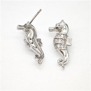 Copper Seahorse Stud Earrings Pave Zirconia Platinum Plated, approx 10-20mm