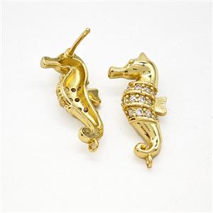 Copper Seahorse Stud Earrings Pave Zirconia Gold Plated, approx 10-20mm