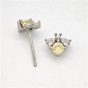 Copper Honeybee Stud Earrings Pave Zirconia Platinum Plated, approx 8mm