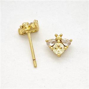 Copper Honeybee Stud Earrings Pave Zirconia Gold Plated, approx 8mm