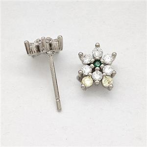 Copper Flower Stud Earrings Pave Zirconia Platinum Plated, approx 7-9mm