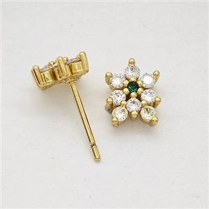 Copper Flower Stud Earrings Pave Zirconia Gold Plated, approx 7-9mm
