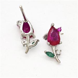 Copper Flower Stud Earrings Pave Crystal Glass Platinum Plated, approx 4-12mm